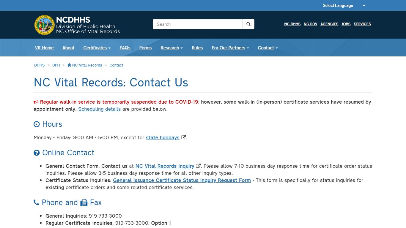 NCDHHS: DPH: NC Vital Records: Contact Us